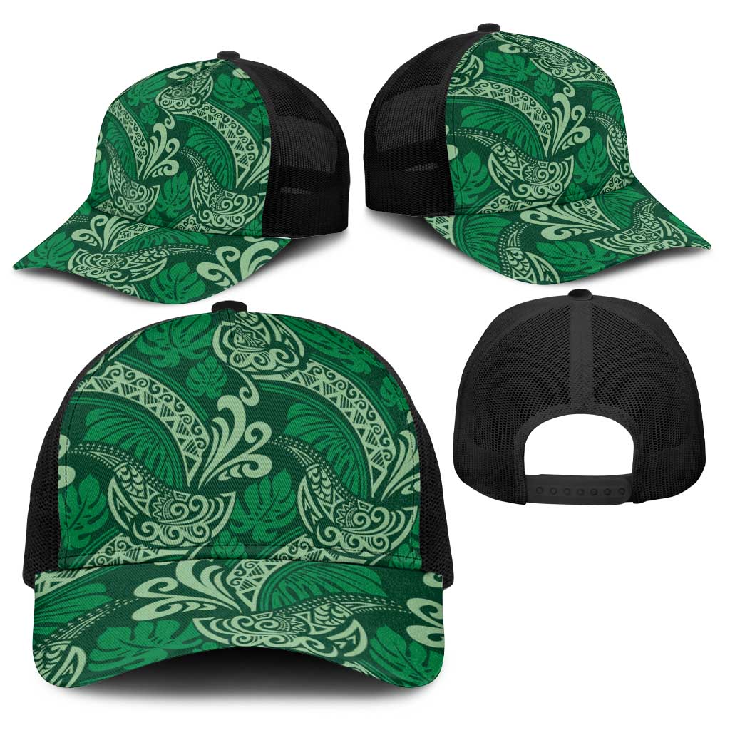 Forest Green Monstera Baseball Net Cap Polynesian Tribal Pattern - Polynesian Pride
