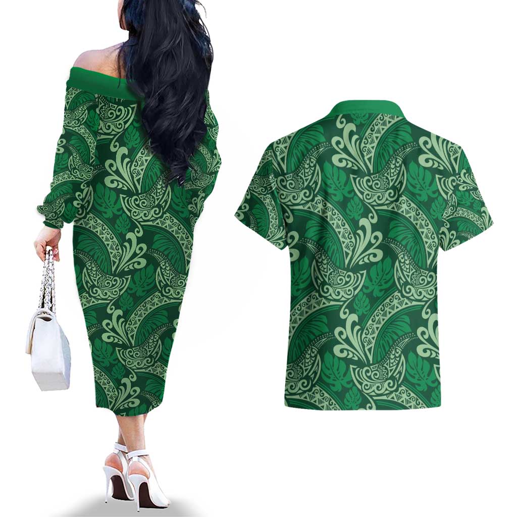 Forest Green Monstera Couples Matching Off The Shoulder Long Sleeve Dress and Hawaiian Shirt Polynesian Tribal Pattern LT01 - Polynesian Pride