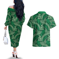 Forest Green Monstera Couples Matching Off The Shoulder Long Sleeve Dress and Hawaiian Shirt Polynesian Tribal Pattern LT01 - Polynesian Pride