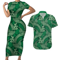Forest Green Monstera Couples Matching Short Sleeve Bodycon Dress and Hawaiian Shirt Polynesian Tribal Pattern LT01 Green - Polynesian Pride
