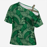 Forest Green Monstera Cross Shoulder Shirt Polynesian Tribal Pattern LT01 Female Green - Polynesian Pride