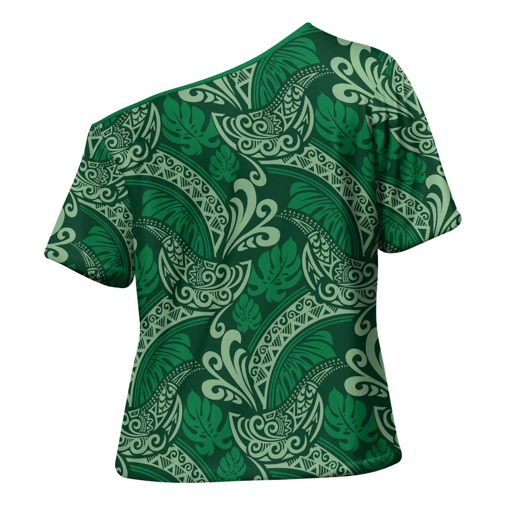 Forest Green Monstera Cross Shoulder Shirt Polynesian Tribal Pattern LT01 - Polynesian Pride