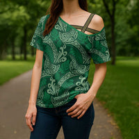 Forest Green Monstera Cross Shoulder Shirt Polynesian Tribal Pattern LT01 - Polynesian Pride