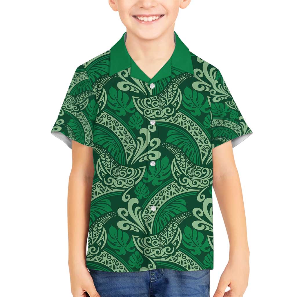 Forest Green Monstera Family Matching Off Shoulder Short Dress and Hawaiian Shirt Polynesian Tribal Pattern - Polynesian Pride