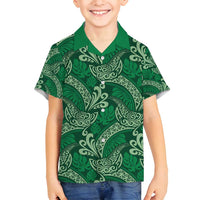 Forest Green Monstera Family Matching Off Shoulder Short Dress and Hawaiian Shirt Polynesian Tribal Pattern - Polynesian Pride