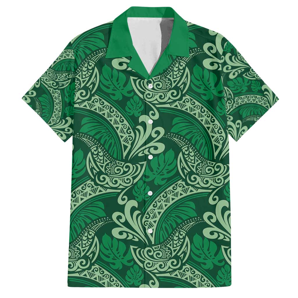 Forest Green Monstera Family Matching Puletasi and Hawaiian Shirt Polynesian Tribal Pattern - Polynesian Pride