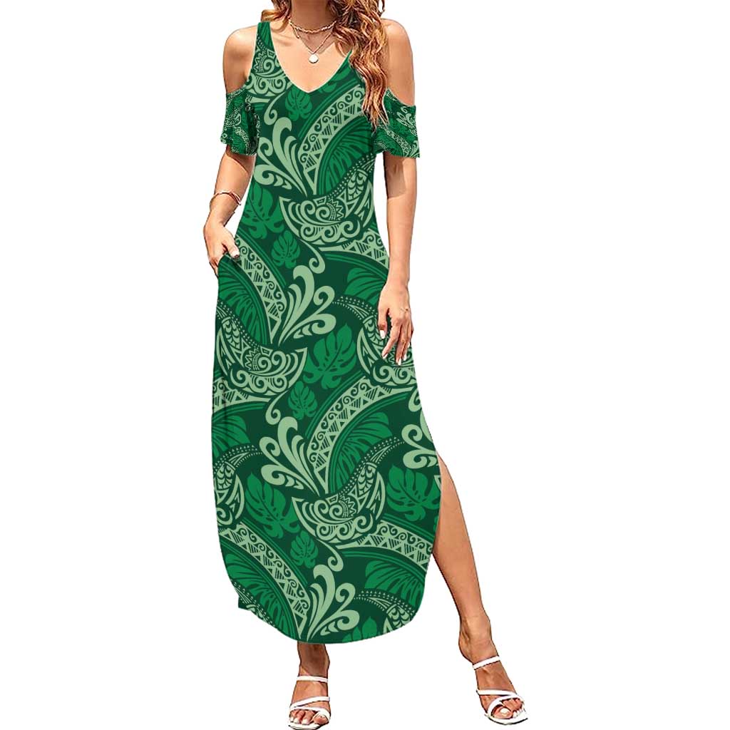 Forest Green Monstera Family Matching Summer Maxi Dress and Hawaiian Shirt Polynesian Tribal Pattern - Polynesian Pride