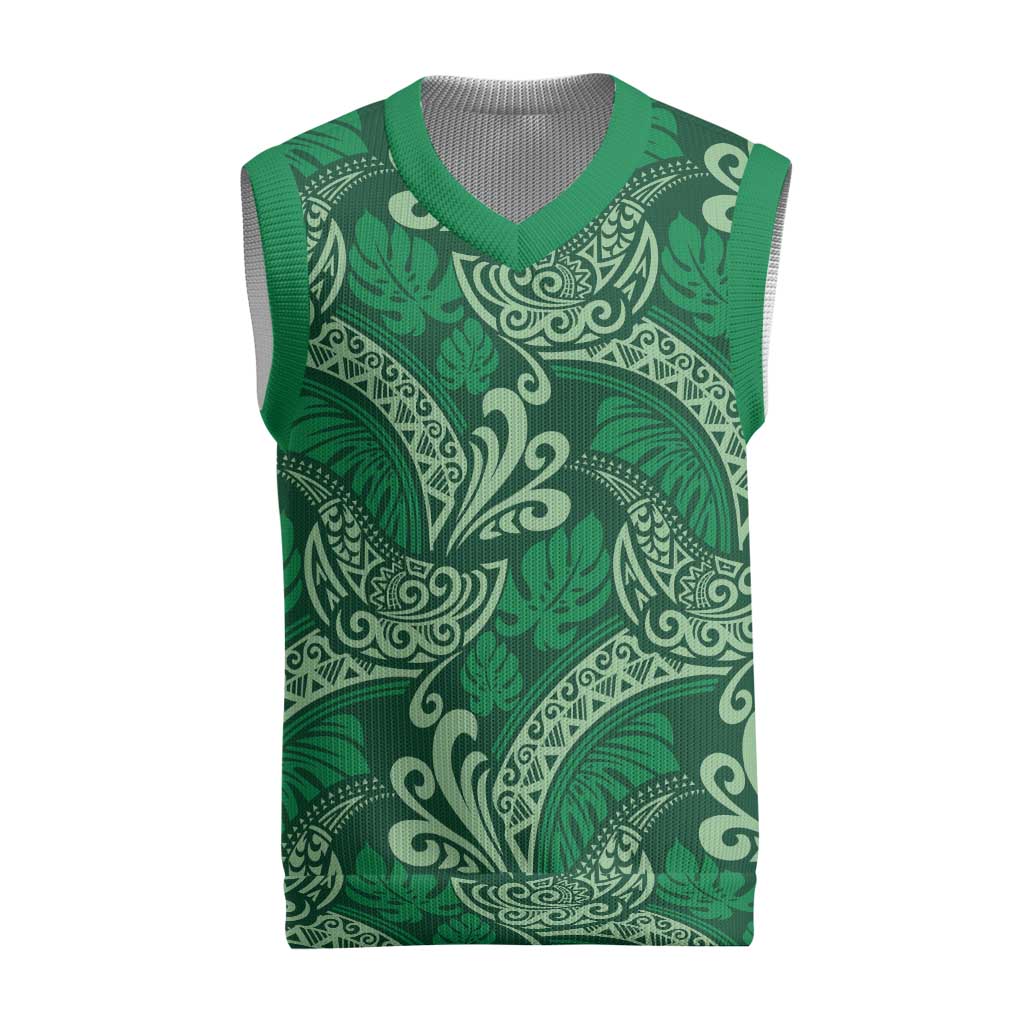 Forest Green Monstera Christmas Knitted V-Neck Vest Polynesian Tribal Pattern - Polynesian Pride