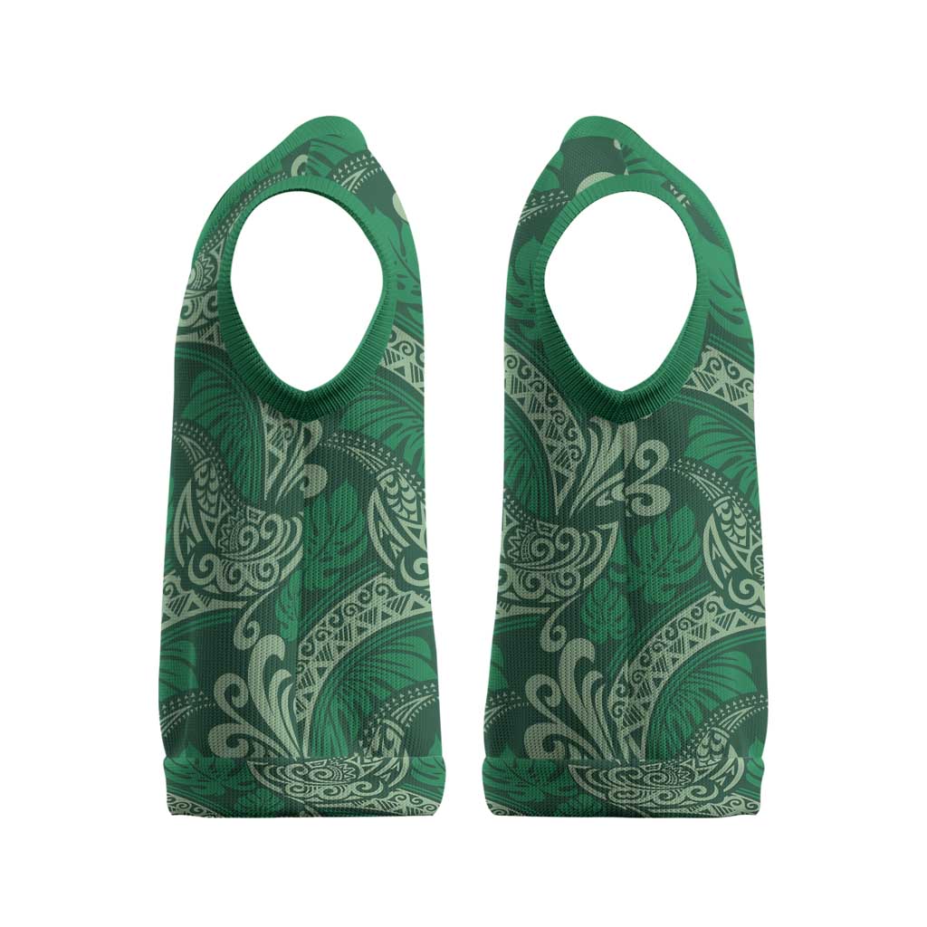 Forest Green Monstera Christmas Knitted V-Neck Vest Polynesian Tribal Pattern - Polynesian Pride