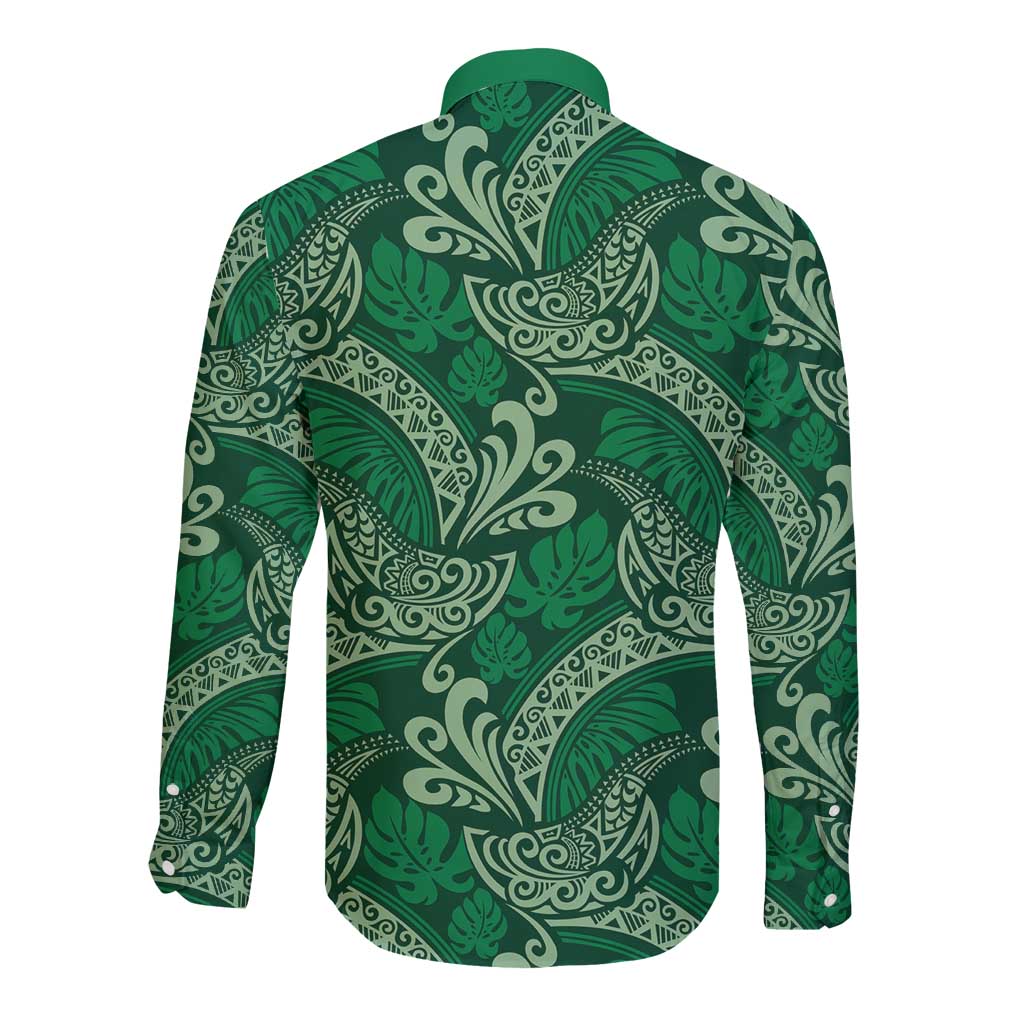 Forest Green Monstera Long Sleeve Button Shirt Polynesian Tribal Pattern LT01 - Polynesian Pride