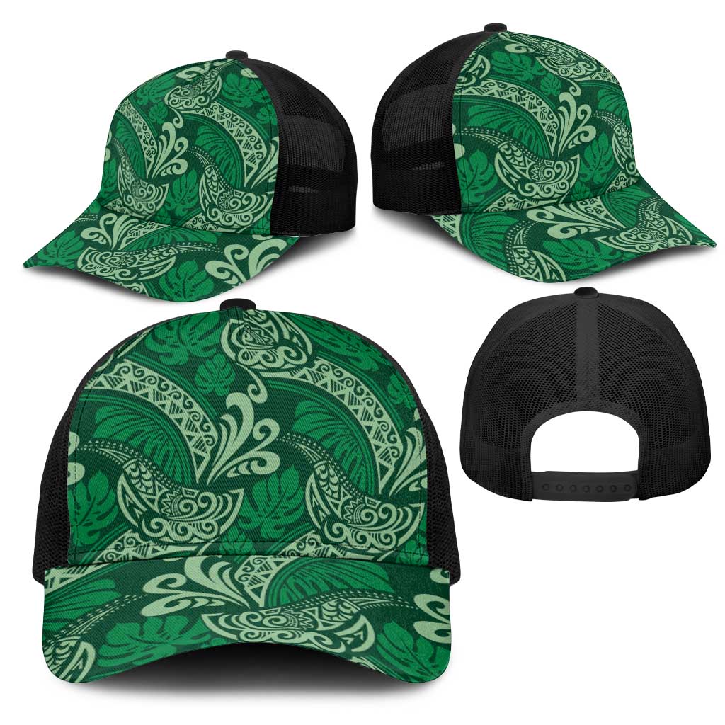 Forest Green Monstera Mesh Trucker Cap Polynesian Tribal Pattern LT01 - Polynesian Pride