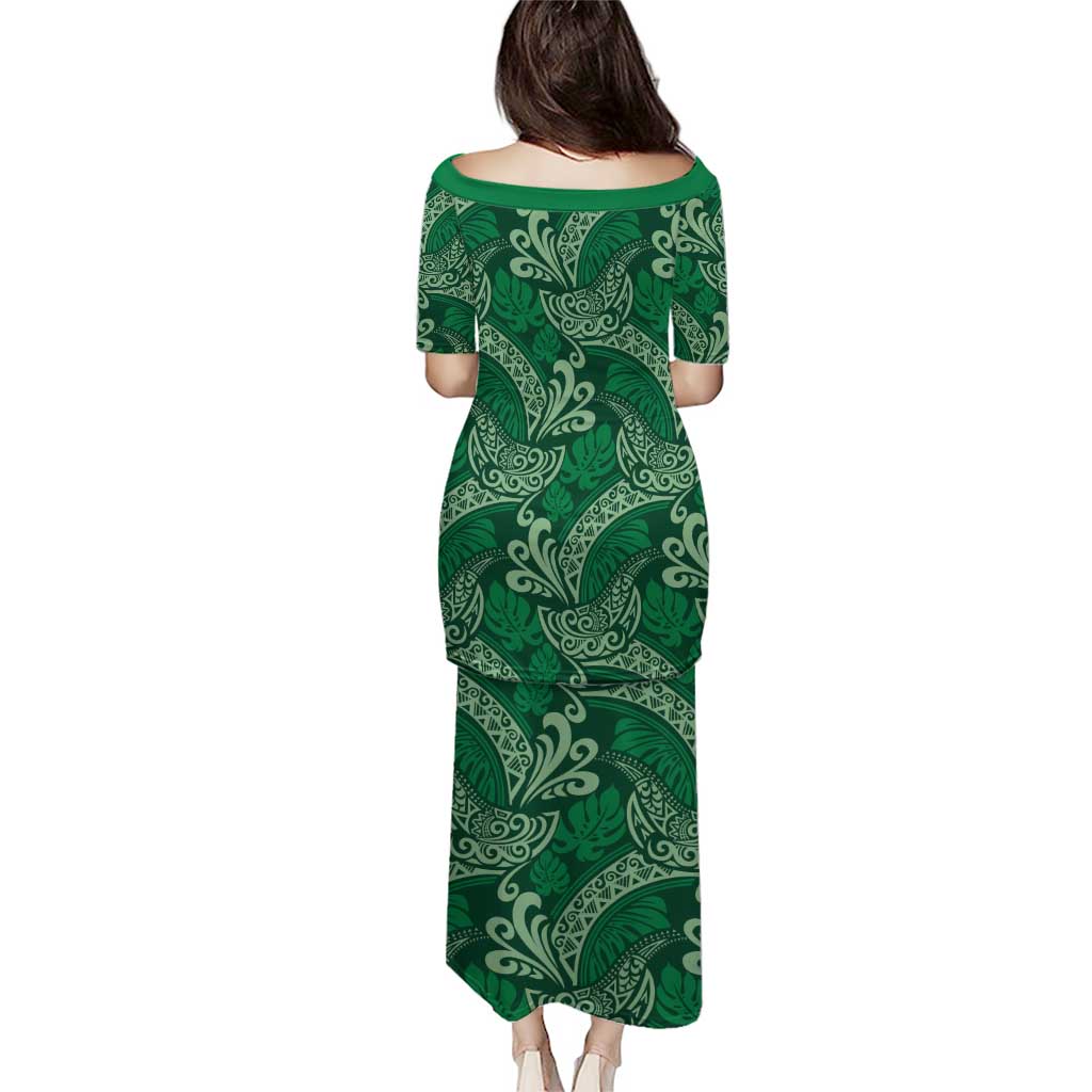 Forest Green Monstera Puletasi Polynesian Tribal Pattern LT01 - Polynesian Pride
