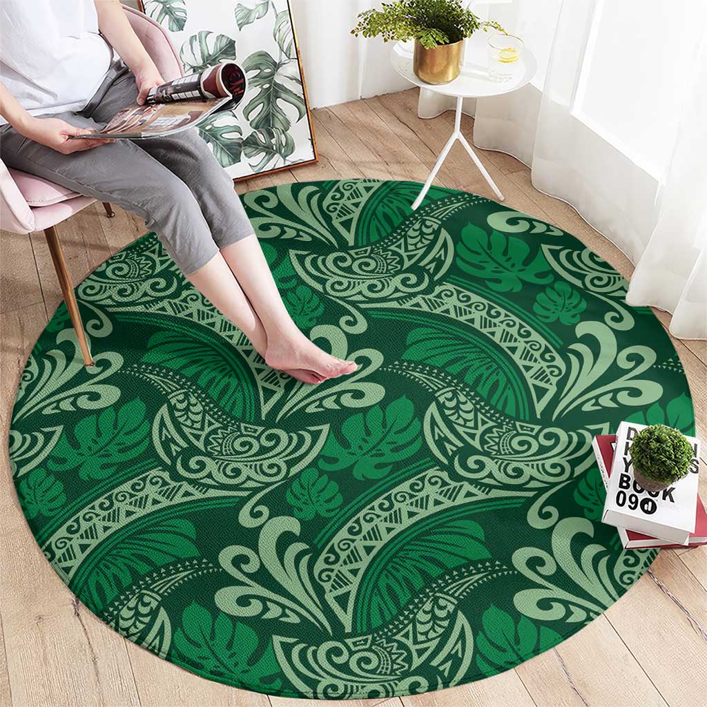Forest Green Monstera Round Carpet Polynesian Tribal Pattern LT01 - Polynesian Pride