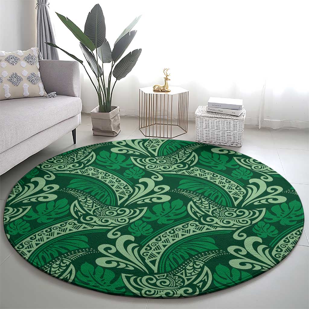 Forest Green Monstera Round Carpet Polynesian Tribal Pattern LT01 - Polynesian Pride