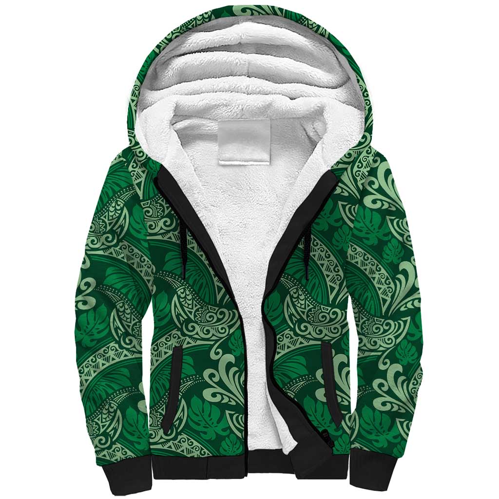 Forest Green Monstera Sherpa Hoodie Polynesian Tribal Pattern LT01 Unisex Green - Polynesian Pride