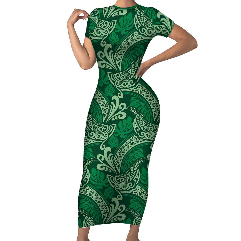 Forest Green Monstera Short Sleeve Bodycon Dress Polynesian Tribal Pattern LT01 Long Dress Green - Polynesian Pride