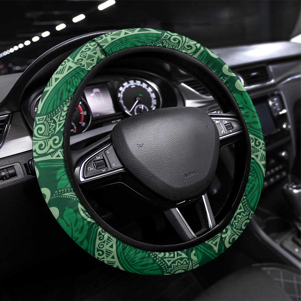 Forest Green Monstera Steering Wheel Cover Polynesian Tribal Pattern LT01 Universal Fit Green - Polynesian Pride