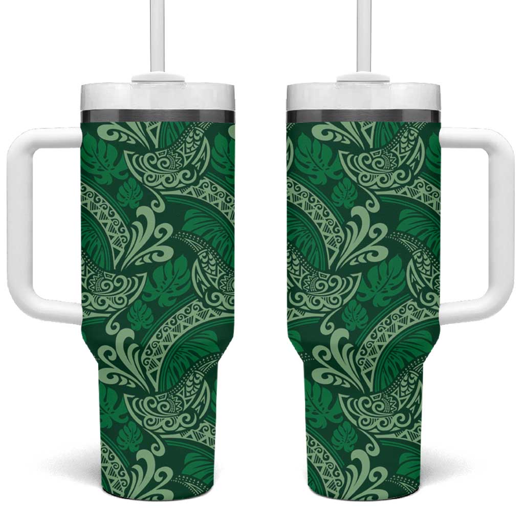 Forest Green Monstera Tumbler With Handle Polynesian Tribal Pattern LT01 One Size: 40 oz Green - Polynesian Pride