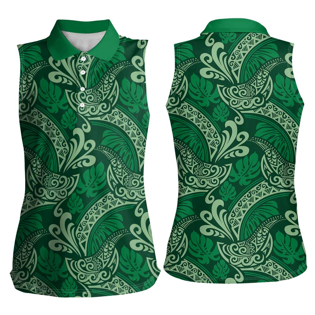 Forest Green Monstera Women Sleeveless Polo Shirt Polynesian Tribal Pattern LT01 - Polynesian Pride