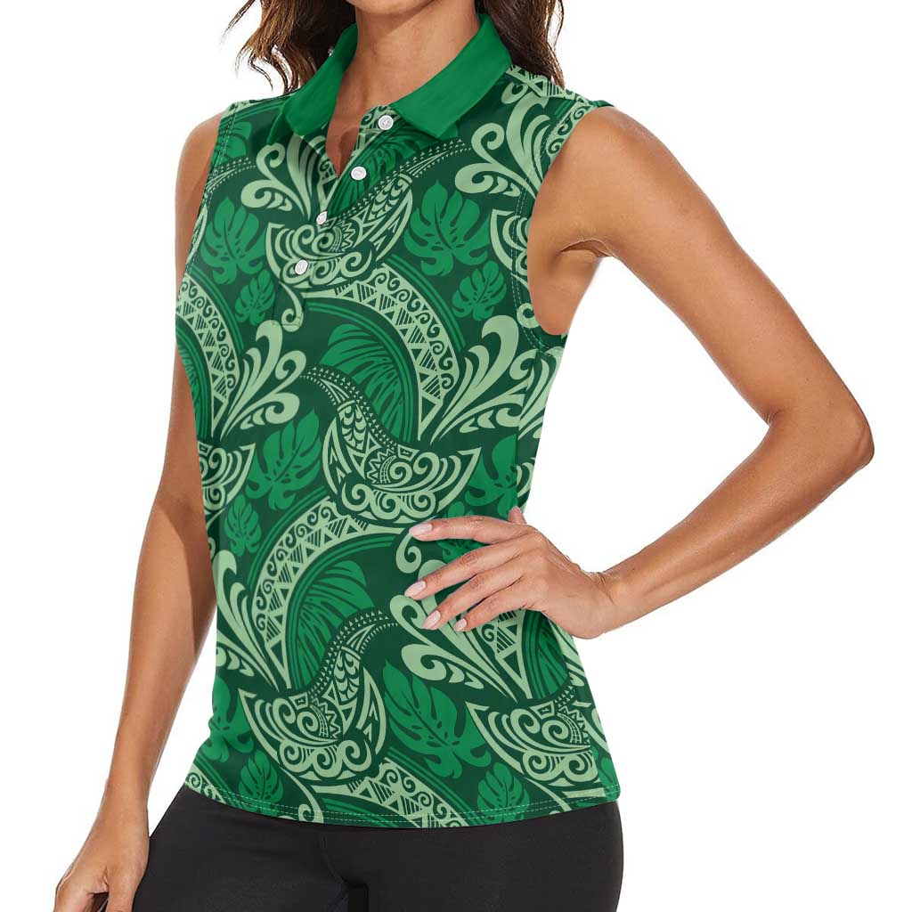 Forest Green Monstera Women Sleeveless Polo Shirt Polynesian Tribal Pattern LT01 - Polynesian Pride