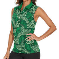 Forest Green Monstera Women Sleeveless Polo Shirt Polynesian Tribal Pattern LT01 - Polynesian Pride
