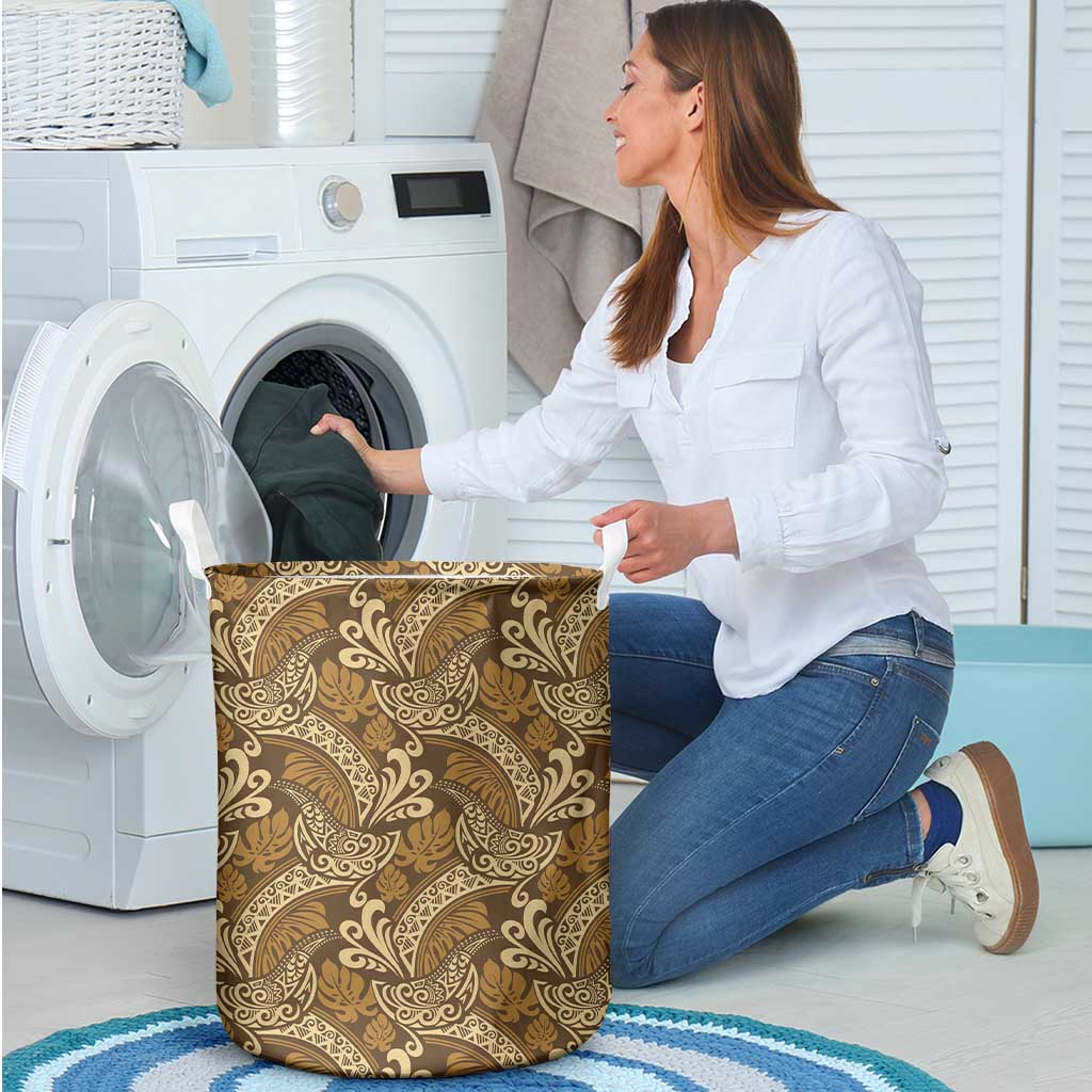 Brown Gold Monstera Laundry Basket Polynesian Tribal Pattern - Polynesian Pride