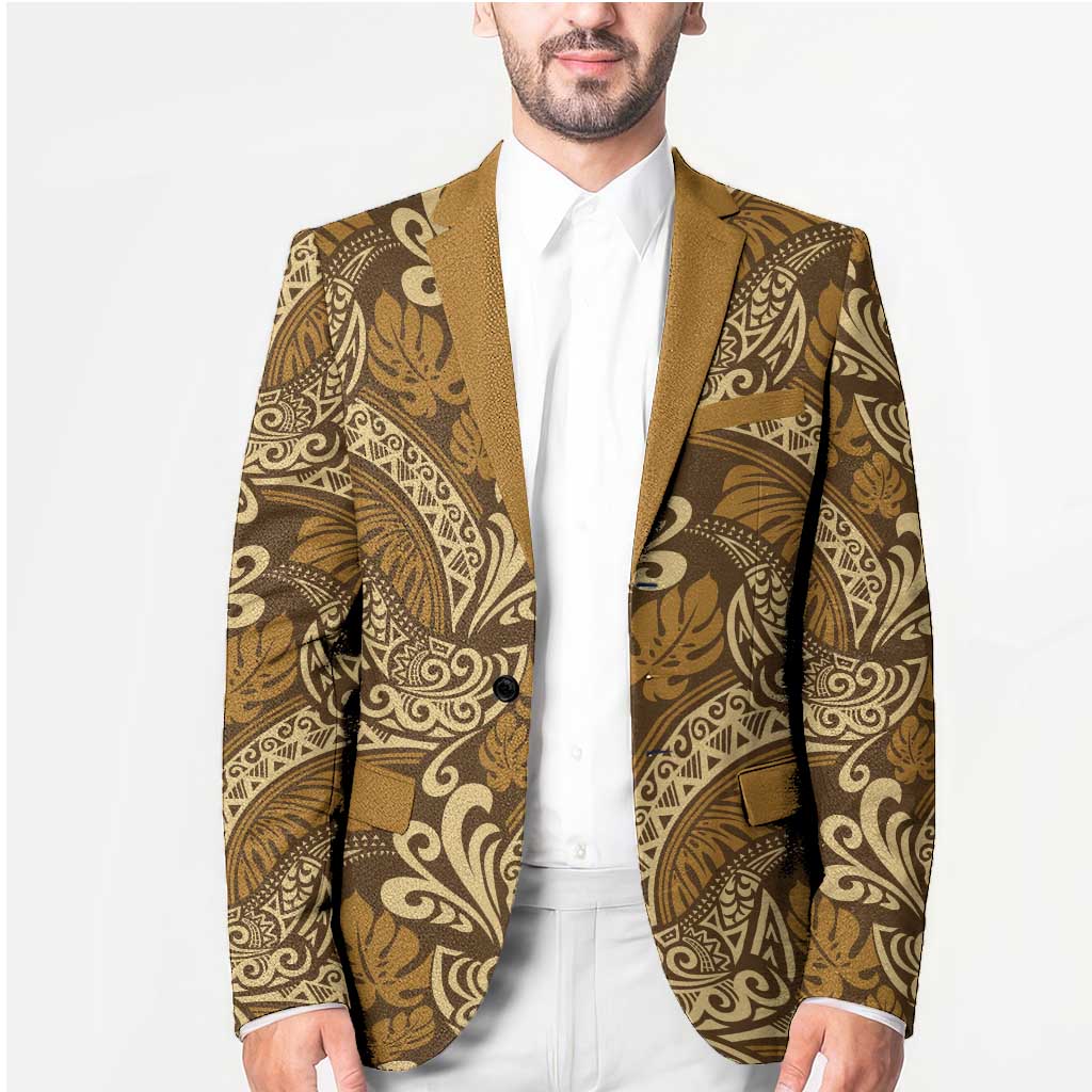 Brown Gold Monstera Blazer Polynesian Tribal Pattern LT01 - Polynesian Pride