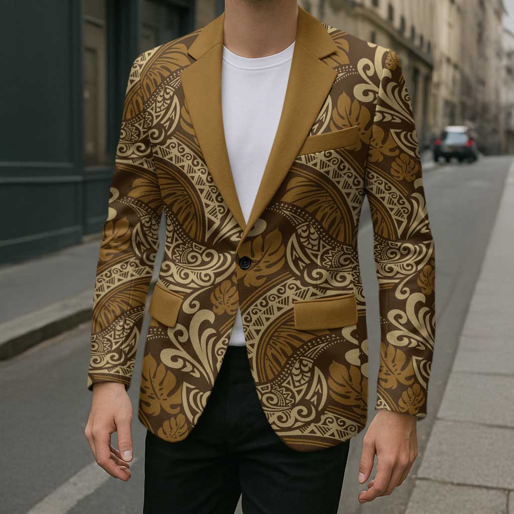 Brown Gold Monstera Blazer Polynesian Tribal Pattern LT01 - Polynesian Pride