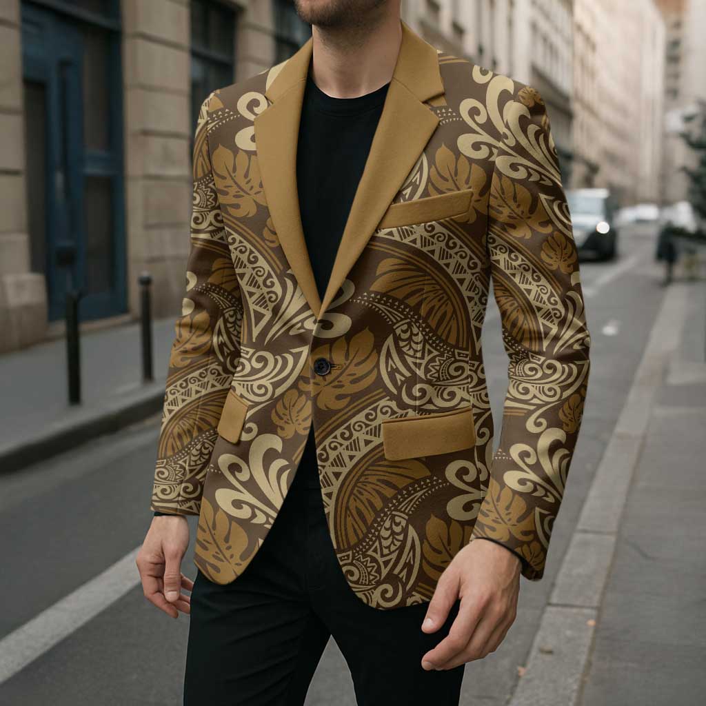 Brown Gold Monstera Blazer Polynesian Tribal Pattern LT01 - Polynesian Pride