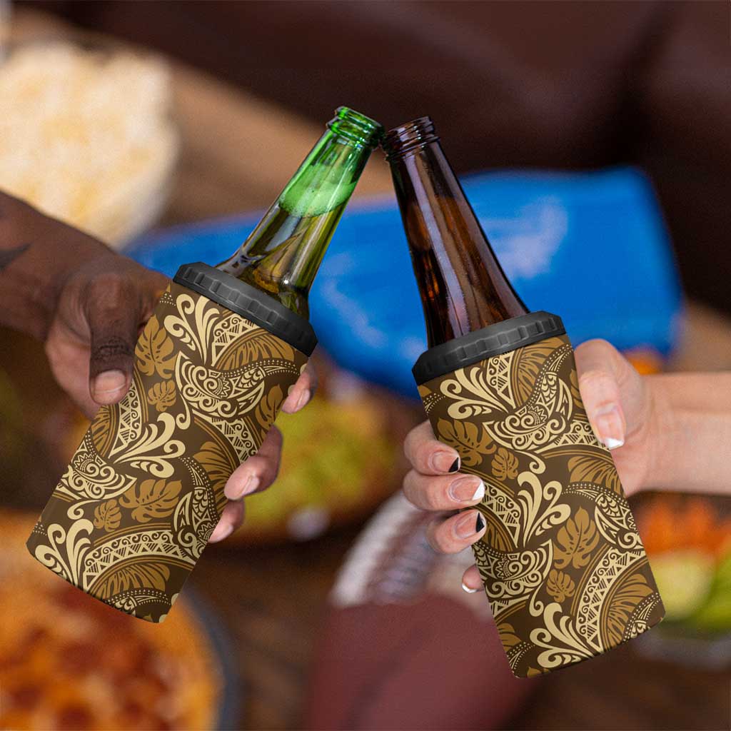 Brown Gold Monstera 4 in 1 Can Cooler Tumbler Polynesian Tribal Pattern - Polynesian Pride