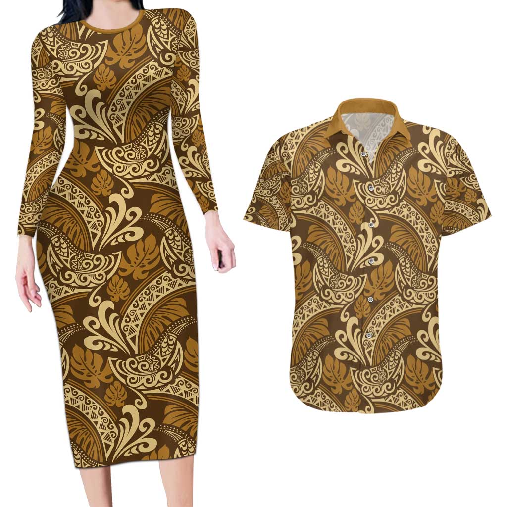 Brown Gold Monstera Couples Matching Long Sleeve Bodycon Dress and Hawaiian Shirt Polynesian Tribal Pattern LT01 Gold - Polynesian Pride