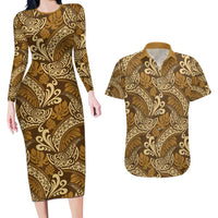 Brown Gold Monstera Couples Matching Long Sleeve Bodycon Dress and Hawaiian Shirt Polynesian Tribal Pattern LT01 Gold - Polynesian Pride