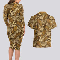 Brown Gold Monstera Couples Matching Long Sleeve Bodycon Dress and Hawaiian Shirt Polynesian Tribal Pattern LT01 - Polynesian Pride