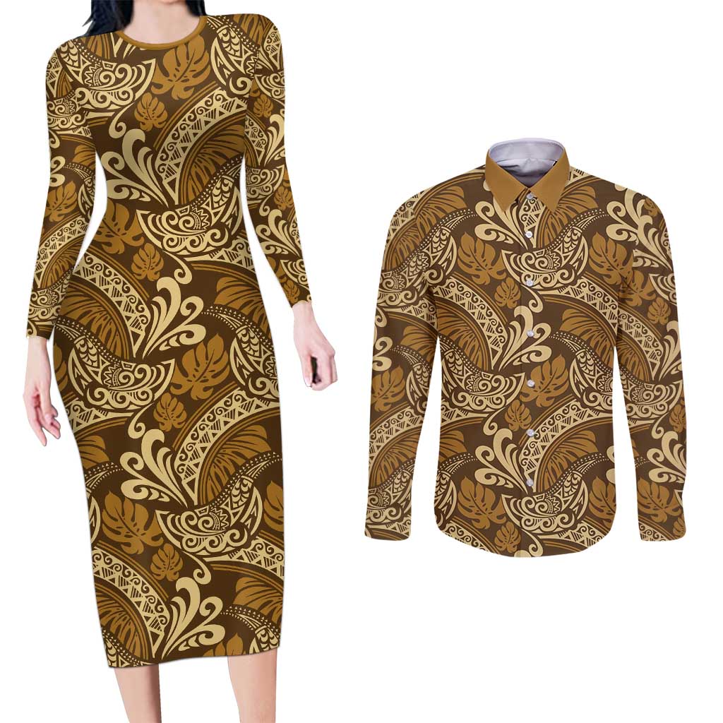 Brown Gold Monstera Couples Matching Long Sleeve Bodycon Dress and Long Sleeve Button Shirt Polynesian Tribal Pattern LT01 Gold - Polynesian Pride