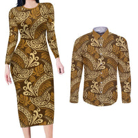 Brown Gold Monstera Couples Matching Long Sleeve Bodycon Dress and Long Sleeve Button Shirt Polynesian Tribal Pattern LT01 Gold - Polynesian Pride
