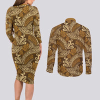 Brown Gold Monstera Couples Matching Long Sleeve Bodycon Dress and Long Sleeve Button Shirt Polynesian Tribal Pattern LT01 - Polynesian Pride