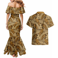 Brown Gold Monstera Couples Matching Mermaid Dress and Hawaiian Shirt Polynesian Tribal Pattern LT01 - Polynesian Pride