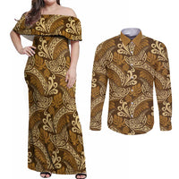 Brown Gold Monstera Couples Matching Off Shoulder Maxi Dress and Long Sleeve Button Shirt Polynesian Tribal Pattern LT01 Gold - Polynesian Pride