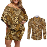 Brown Gold Monstera Couples Matching Off Shoulder Short Dress and Long Sleeve Button Shirt Polynesian Tribal Pattern LT01 Gold - Polynesian Pride