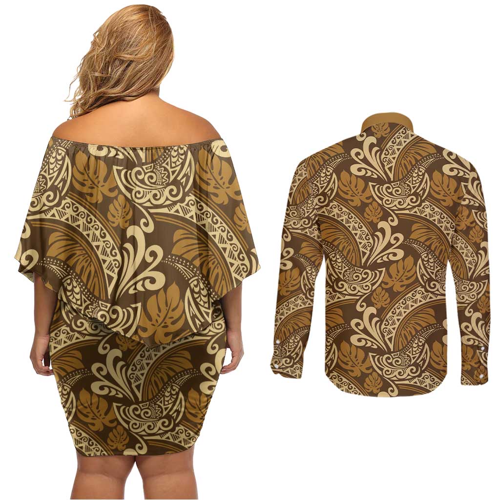 Brown Gold Monstera Couples Matching Off Shoulder Short Dress and Long Sleeve Button Shirt Polynesian Tribal Pattern LT01 - Polynesian Pride