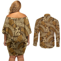 Brown Gold Monstera Couples Matching Off Shoulder Short Dress and Long Sleeve Button Shirt Polynesian Tribal Pattern LT01 - Polynesian Pride