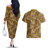 Brown Gold Monstera Couples Matching Off The Shoulder Long Sleeve Dress and Hawaiian Shirt Polynesian Tribal Pattern LT01 - Polynesian Pride