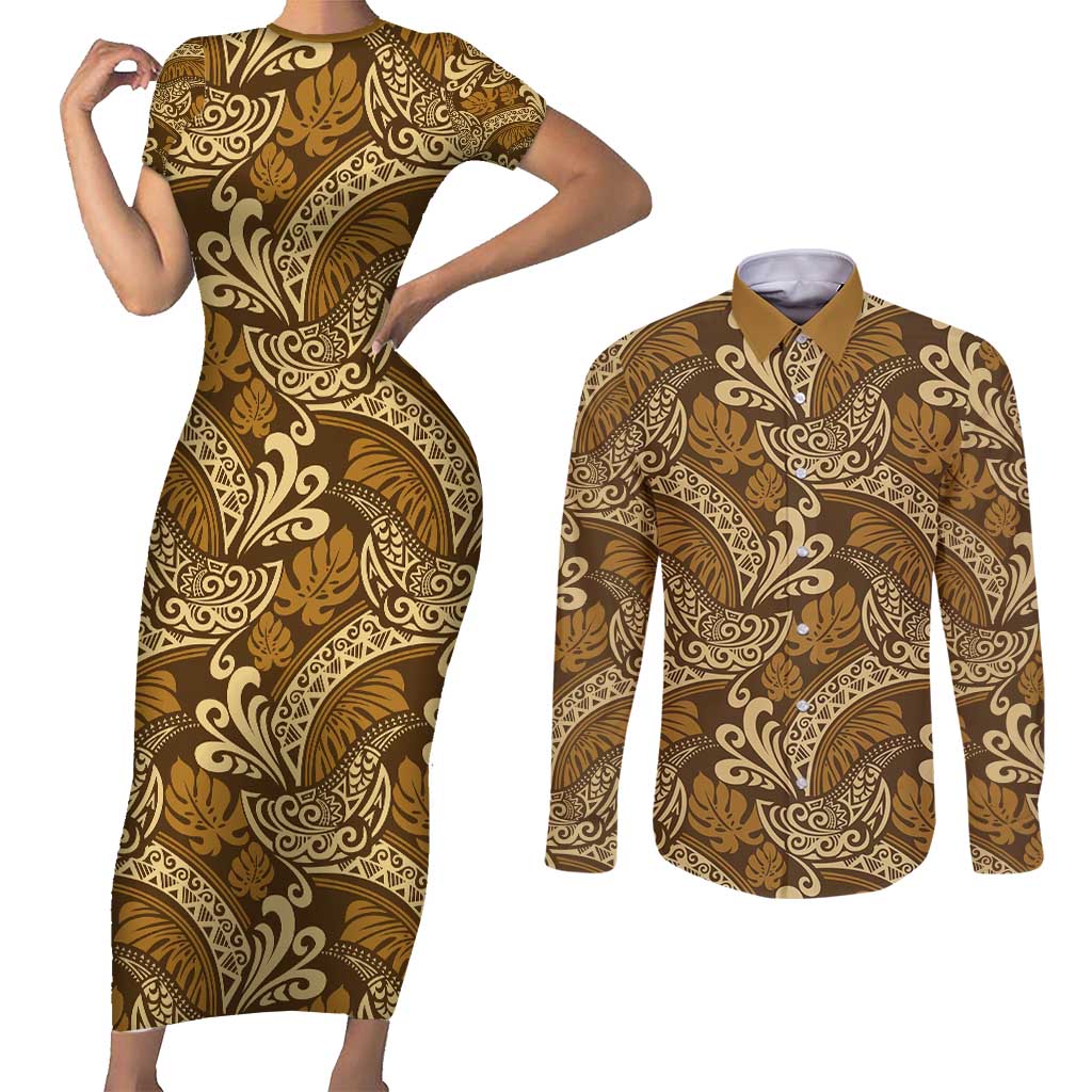 Brown Gold Monstera Couples Matching Short Sleeve Bodycon Dress and Long Sleeve Button Shirt Polynesian Tribal Pattern LT01 Gold - Polynesian Pride