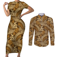 Brown Gold Monstera Couples Matching Short Sleeve Bodycon Dress and Long Sleeve Button Shirt Polynesian Tribal Pattern LT01 Gold - Polynesian Pride