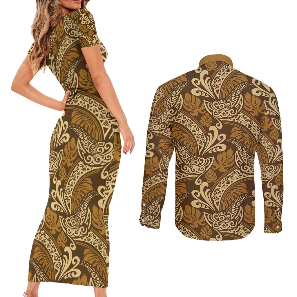 Brown Gold Monstera Couples Matching Short Sleeve Bodycon Dress and Long Sleeve Button Shirt Polynesian Tribal Pattern LT01 - Polynesian Pride