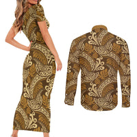 Brown Gold Monstera Couples Matching Short Sleeve Bodycon Dress and Long Sleeve Button Shirt Polynesian Tribal Pattern LT01 - Polynesian Pride