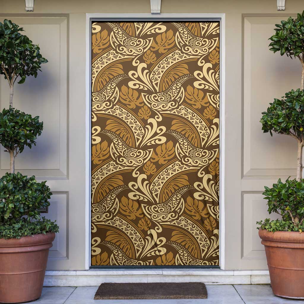 Brown Gold Monstera Door Cover Polynesian Tribal Pattern LT01 Gold - Polynesian Pride