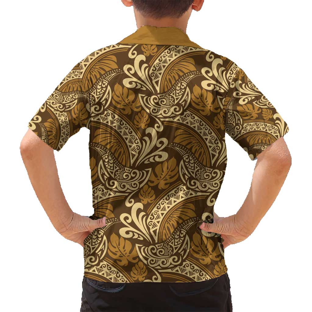 Brown Gold Monstera Family Matching Off Shoulder Short Dress and Hawaiian Shirt Polynesian Tribal Pattern LT01 - Polynesian Pride