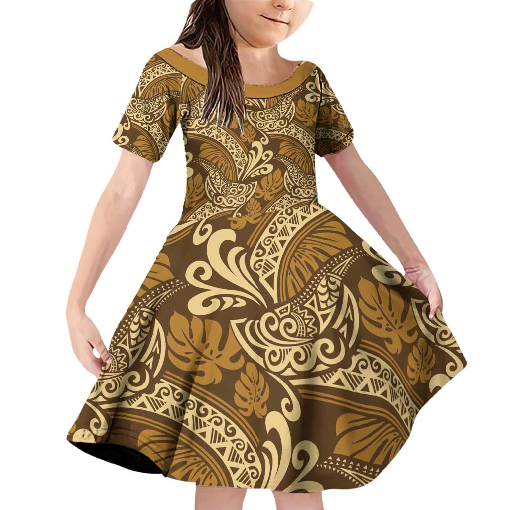 Brown Gold Monstera Family Matching Off Shoulder Short Dress and Hawaiian Shirt Polynesian Tribal Pattern LT01 Daughter's Dress Gold - Polynesian Pride