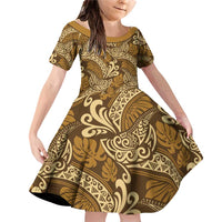 Brown Gold Monstera Family Matching Off Shoulder Short Dress and Hawaiian Shirt Polynesian Tribal Pattern LT01 Daughter's Dress Gold - Polynesian Pride